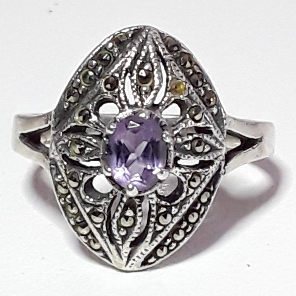 Vintage Sterling Marcasite Amethyst Ring size 8
